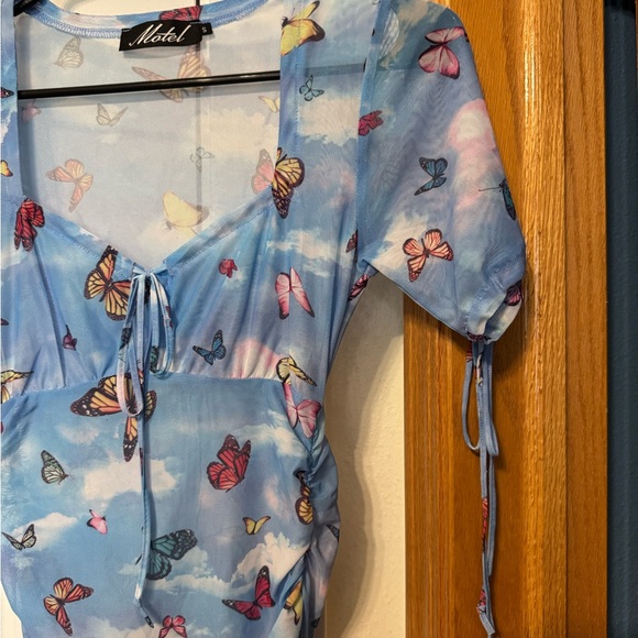 Motel Rocks Blue and White Mesh Butterfly Wrap Midi Dress - Picture 3 of 5